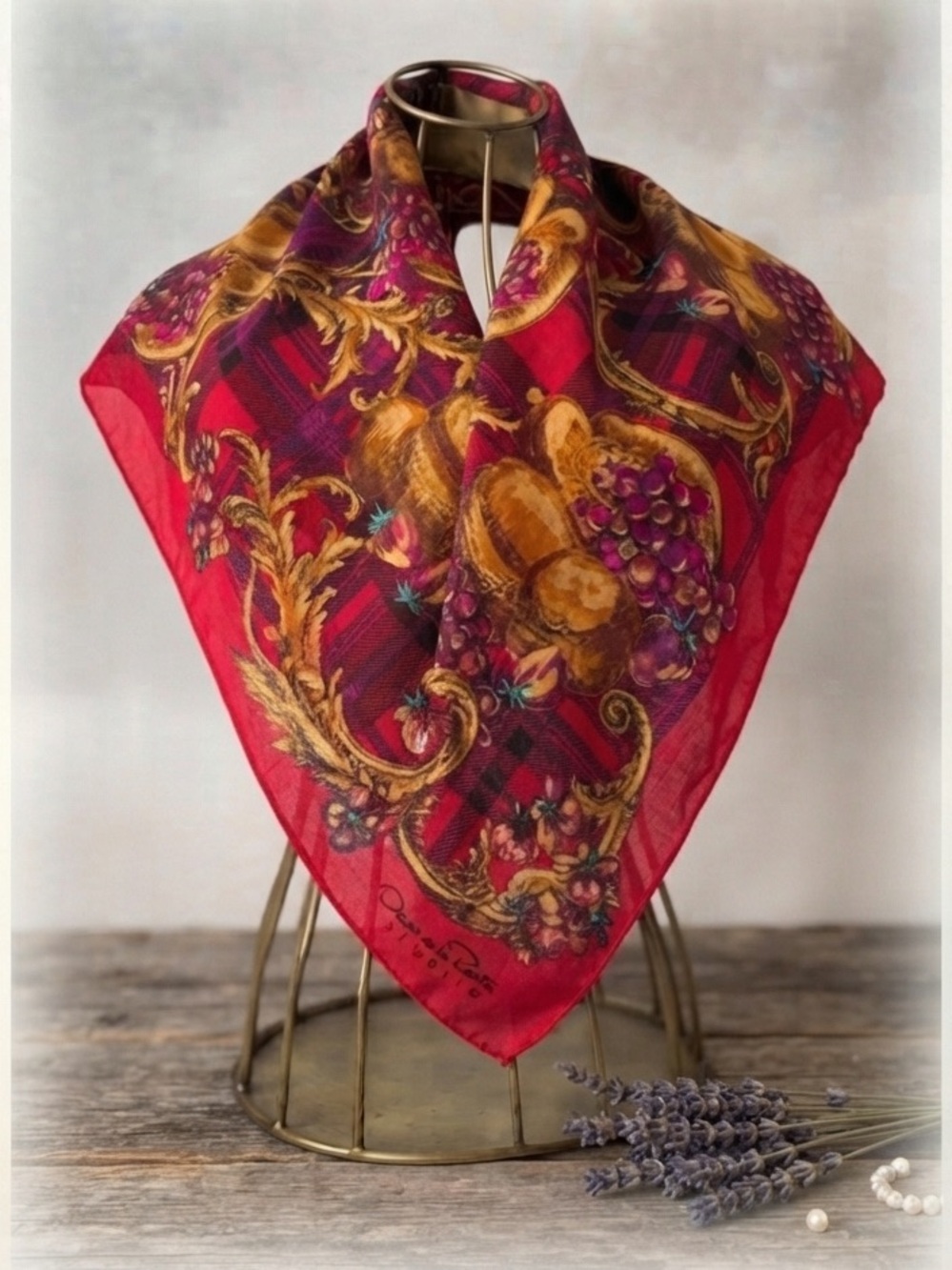 Oscar de la Renta Plaid and Fruit Scarf